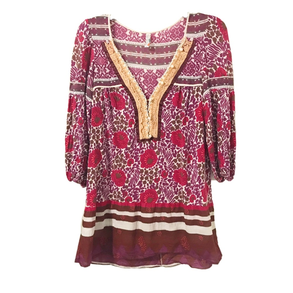 Free People Floral Tunic w/ Gold Stitching